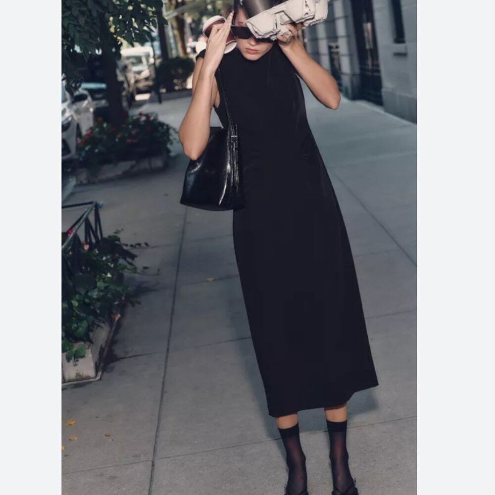 Zara Womens Sheath Ruched Midi Dress Small Black sleeveless 9172/620 NWOT